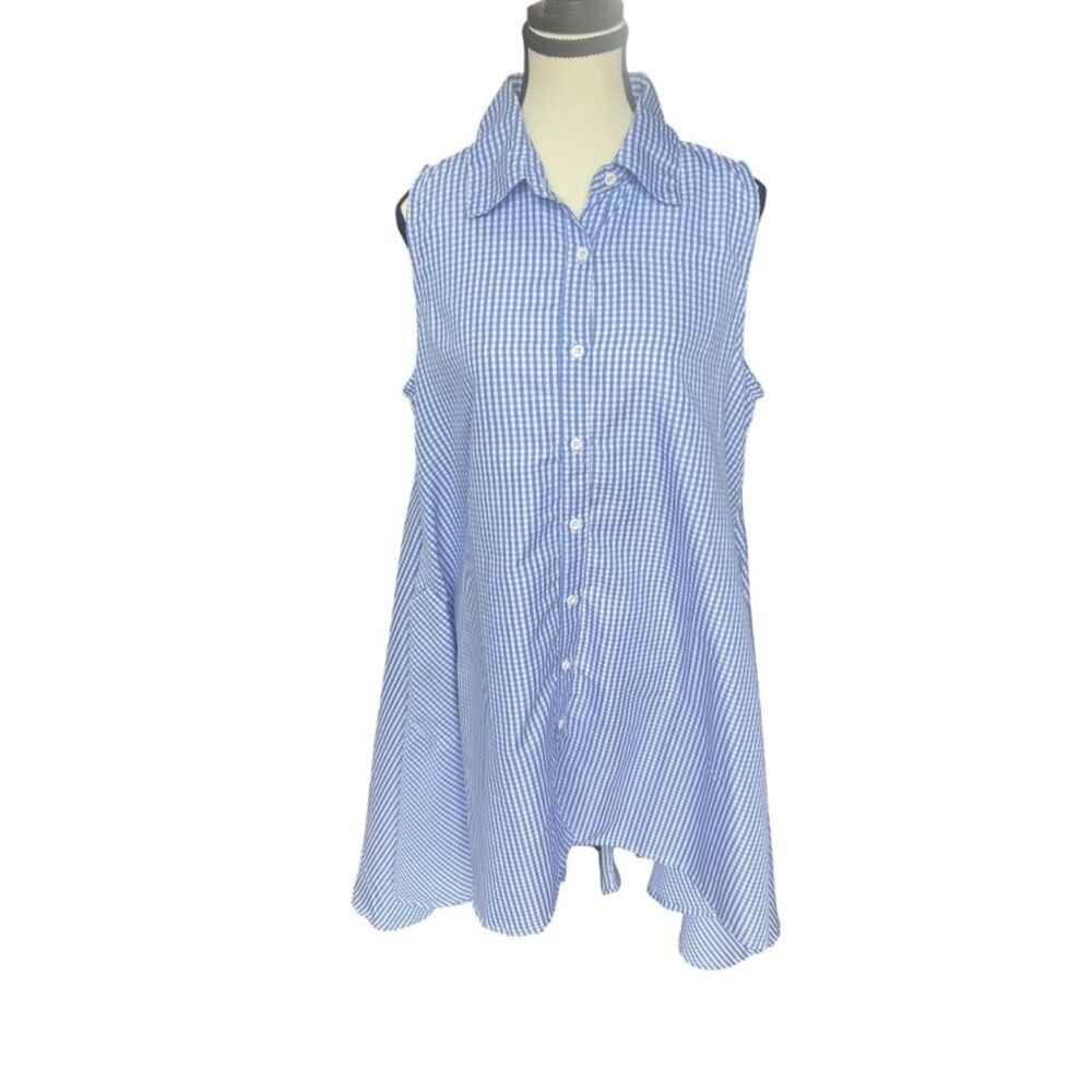 Sleeveless Blue Gingham High-Low Shirt Dress
